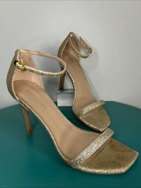 Stuart Weitzman Glitter Gold Ankle-Strap Stilettos